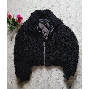 Olivaceous Black Soft Teddy Full Zip Collared Faux Leather Trim Jacket Size L